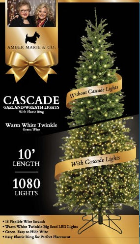 1080L Warm White 10' Twinkle Cascade Tree Light on a Christmas tree with product specifications.