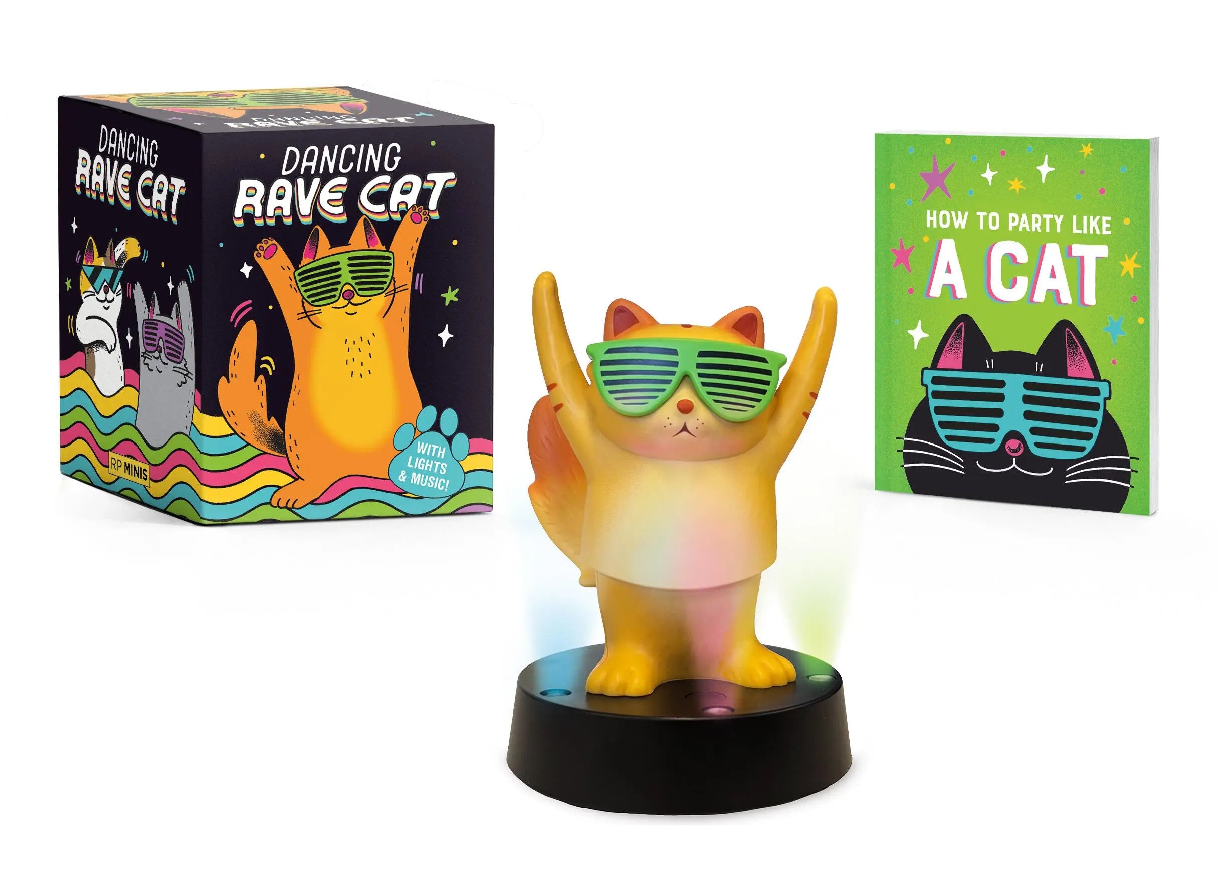Dancing Rave Cat figurine on a light-up base with music features