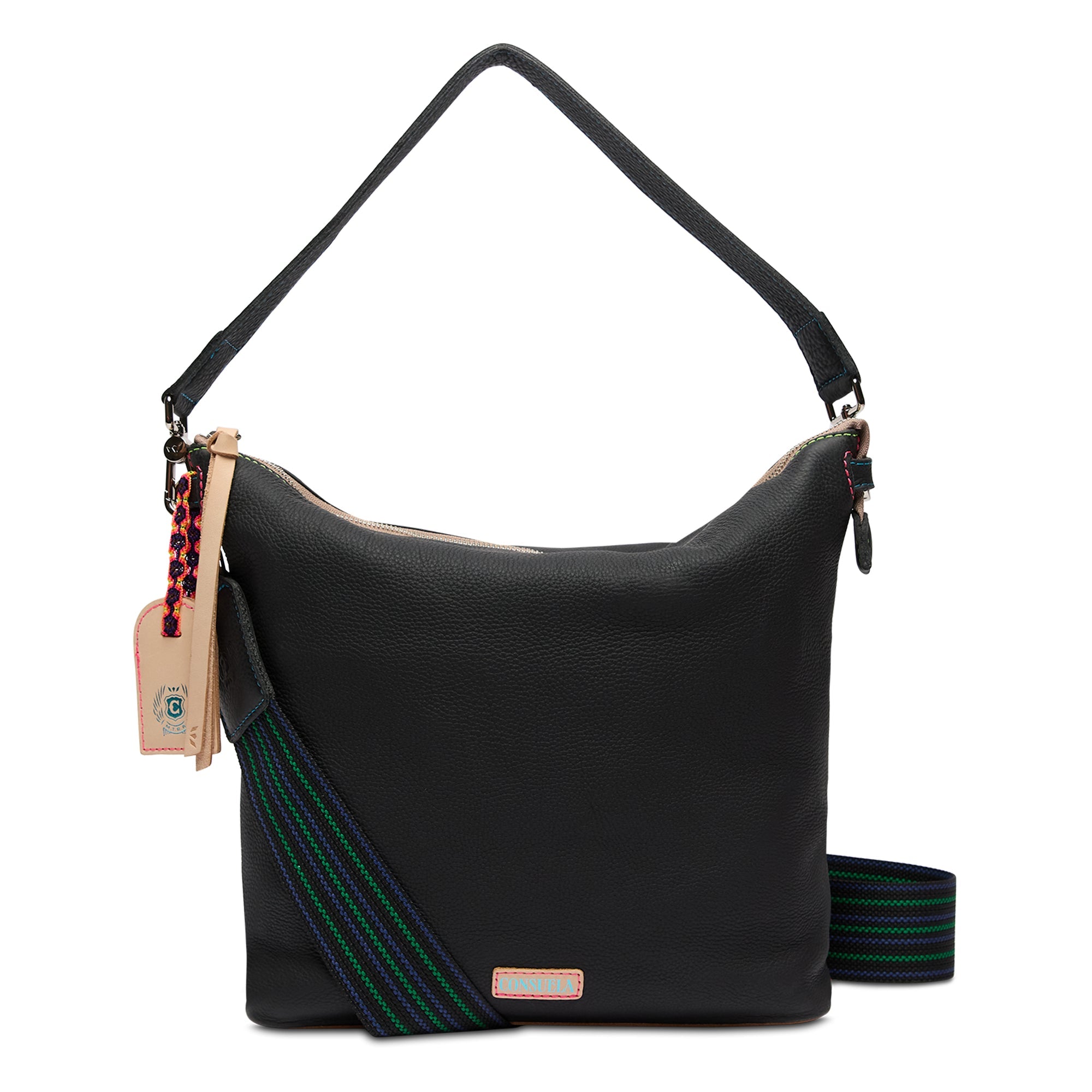 Black pebbled leather Cyndi Hobo bag with zipper closure, interior pockets, and detachable shoulder straps.