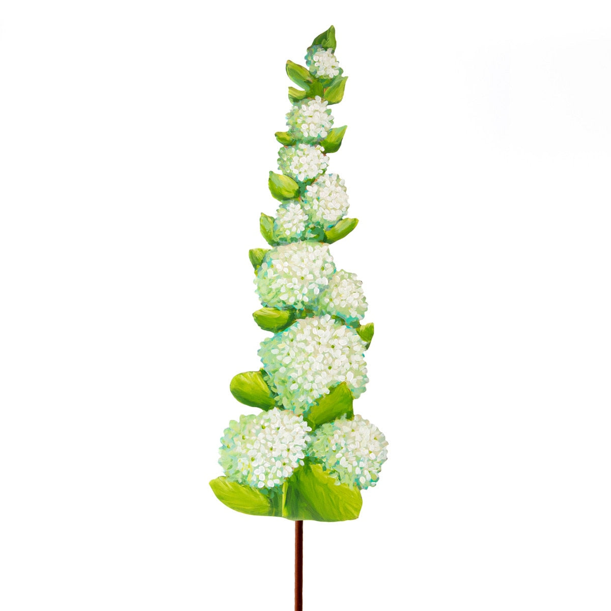 Artificial hydrangea topiary stake with green foliage and white flowers on a brown stem.
