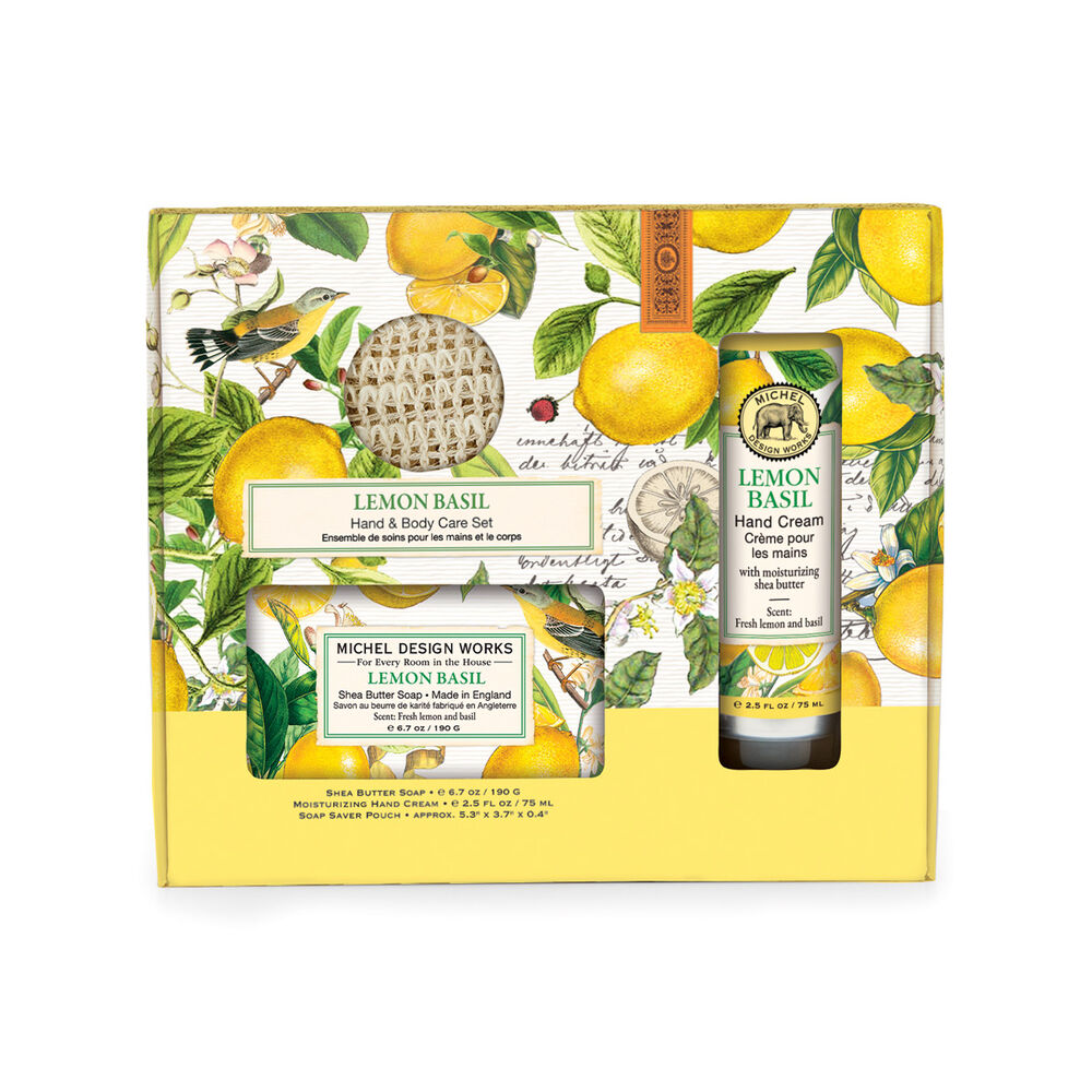 Lemon Basil Hand & Body Care Set with shea butter soap, hand cream, and a soap saver pouch.
