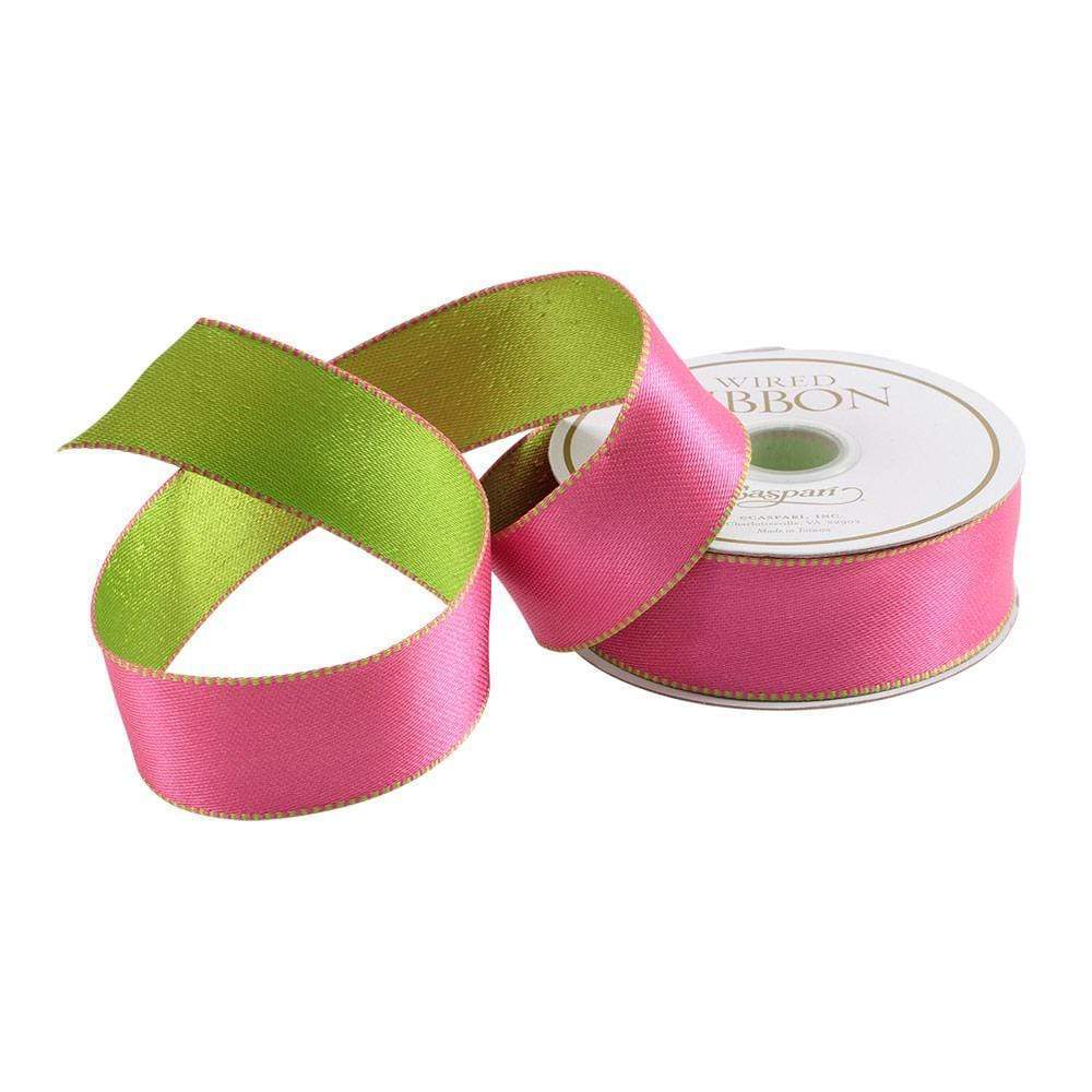 One roll of wired satin ribbon in pink with green accents, ideal for crafting bows and wreaths.