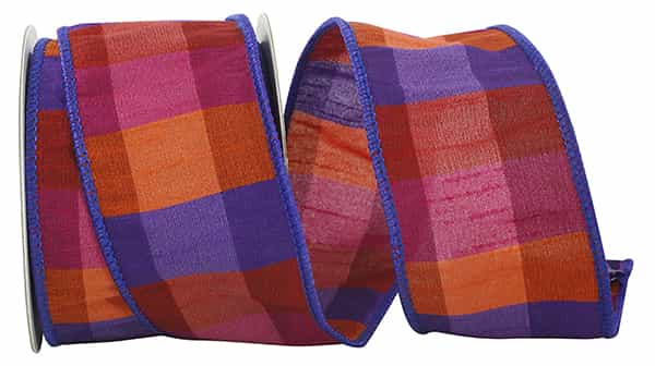 Purple CHECK DUPIONI PRINCE wired edge fabric swatch measuring 2-1/2 inches wide.