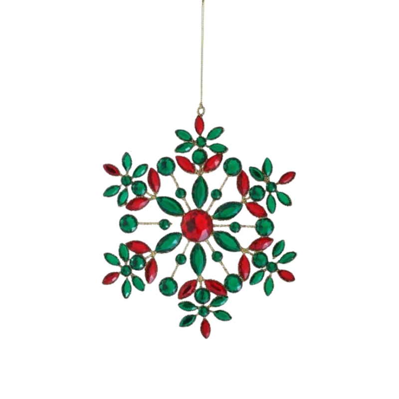 7-inch snowflake ornament made of gold glitter wire with red and green jewel accents.