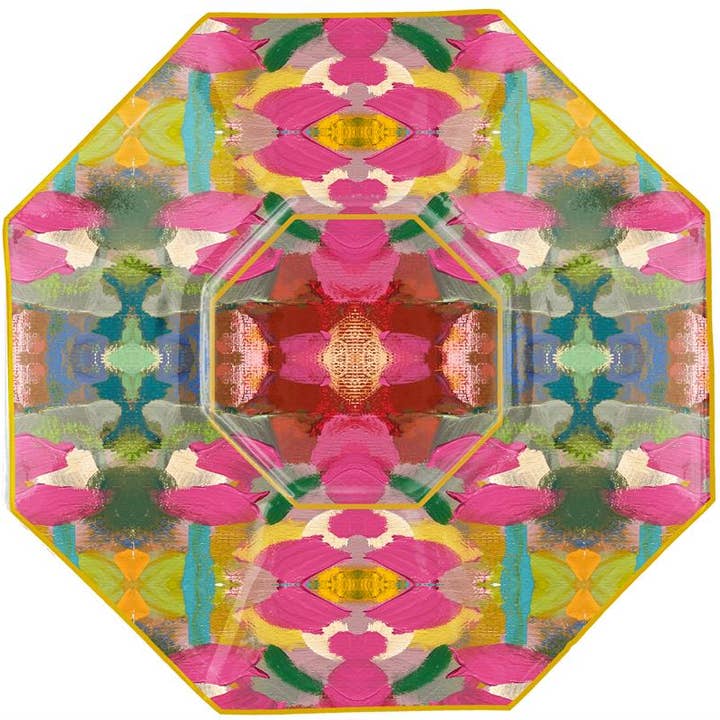 Octagonal decoupage glass plate with hand-painted gold rim and floral artwork.