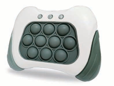 White and green handheld fidget toy with nine grey pop-it bubbles and three buttons on top.