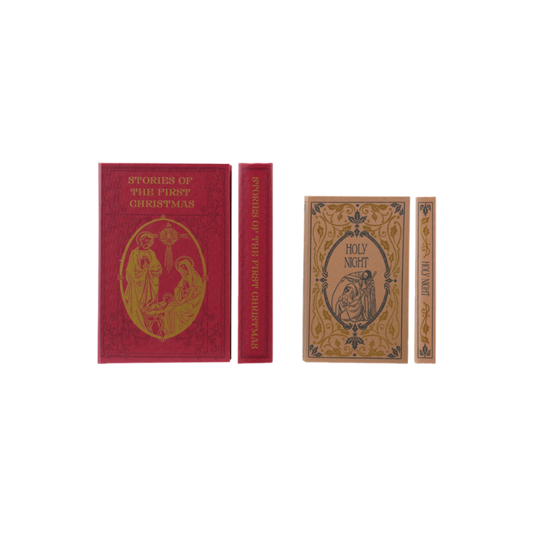 Set of 2 MDF and canvas book storage boxes with vintage red and tan Christmas prints.
