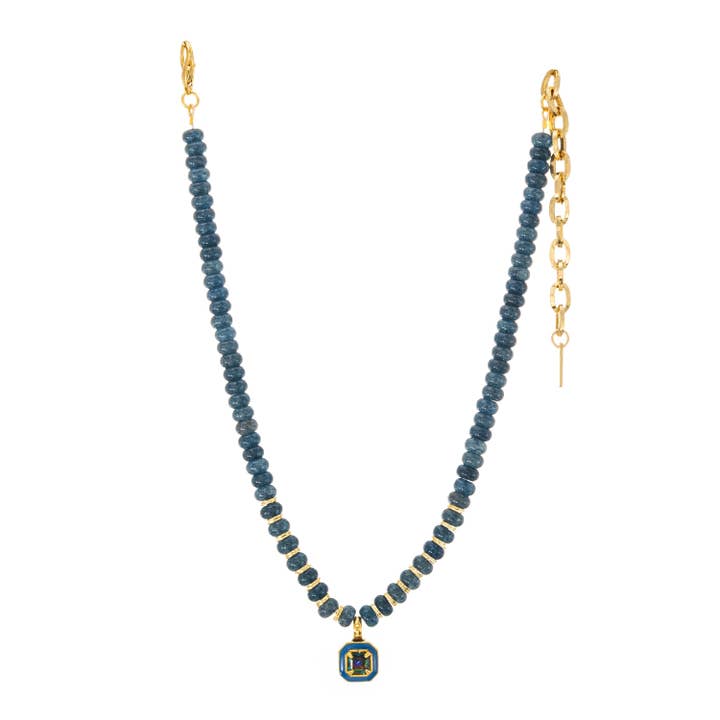 Antique gold-plated brass necklace with hand-painted enamel beads and high-quality crystals.
