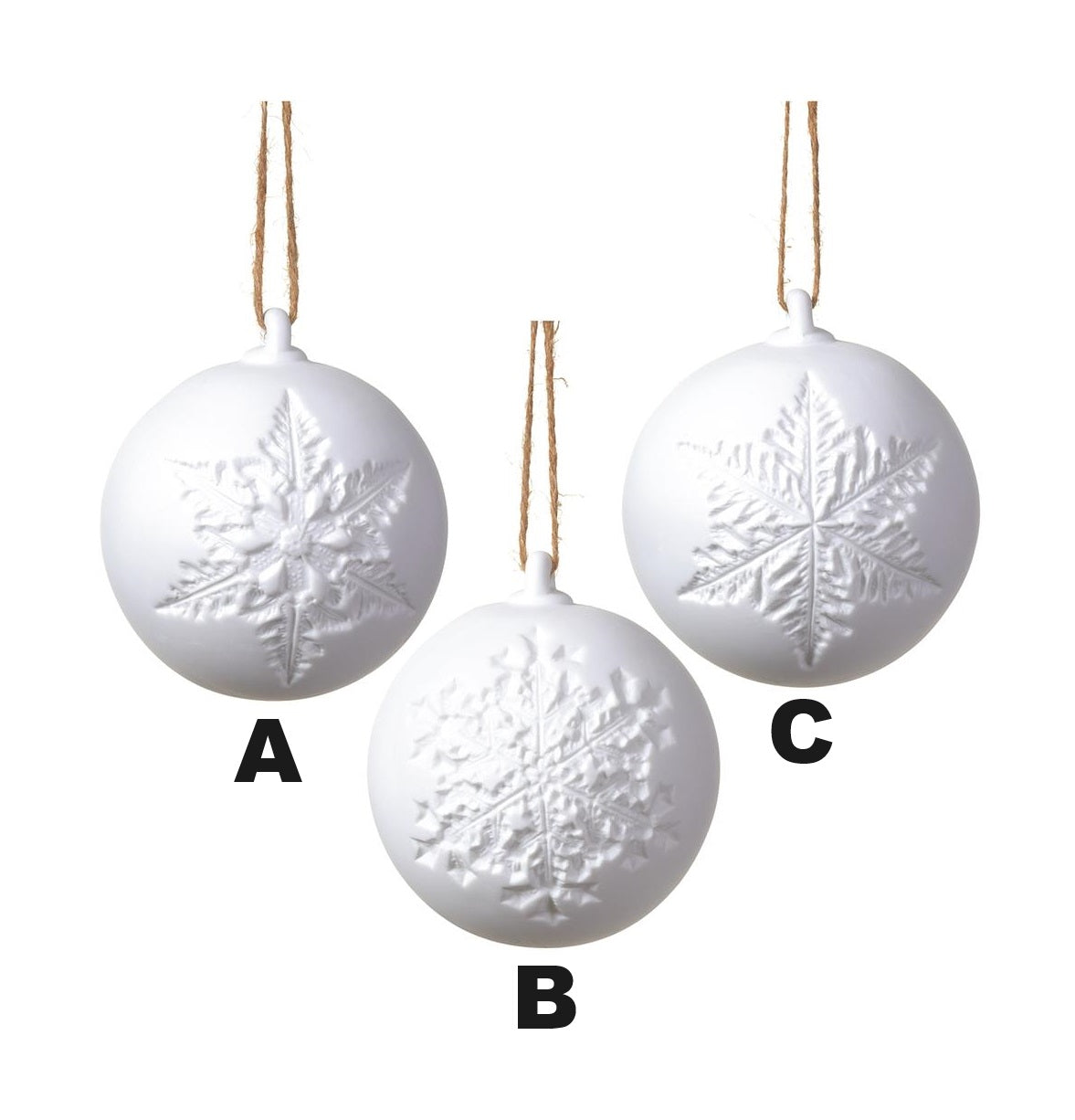 Three 4-inch white porcelain ball ornaments with embossed snowflake designs and twine hangers.