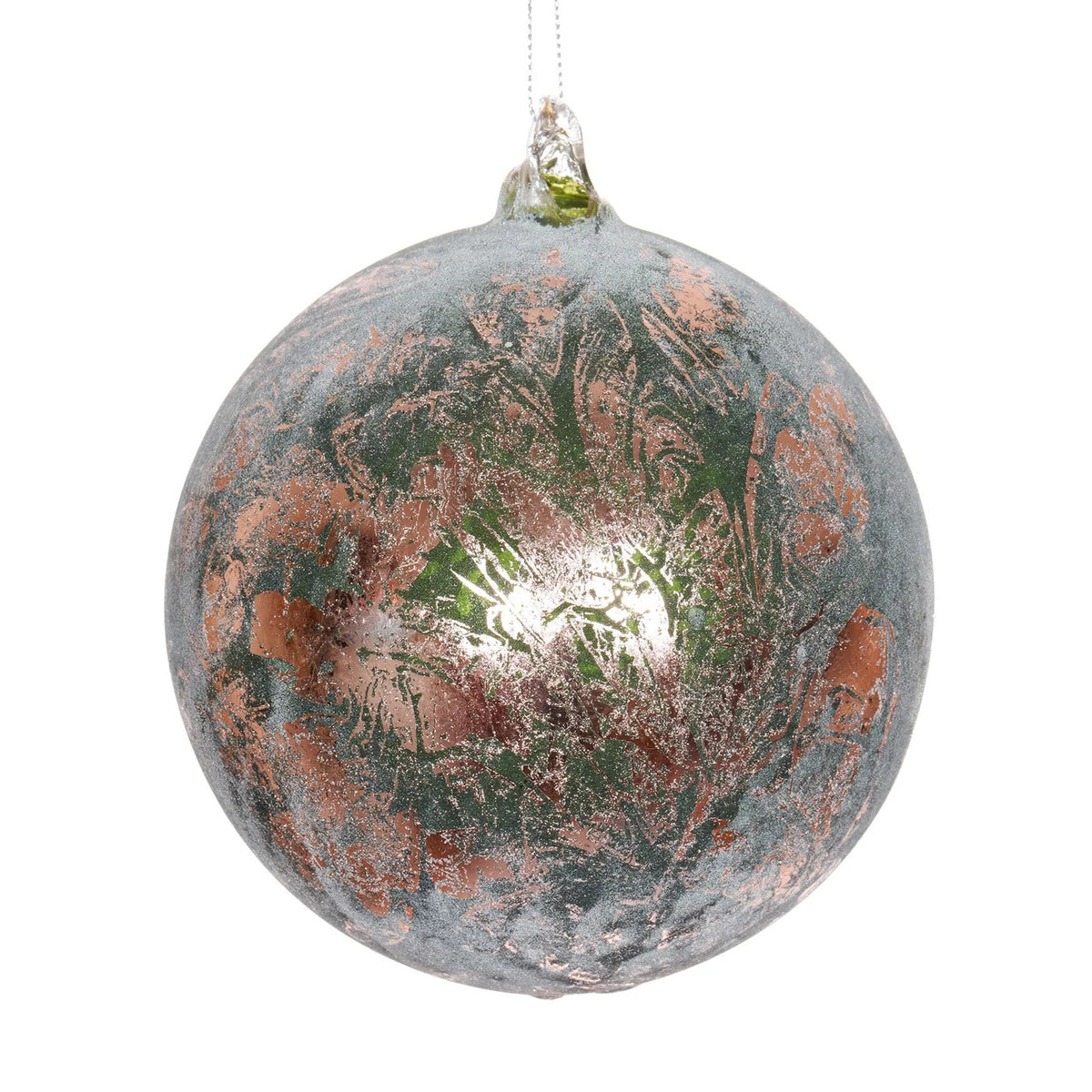 120mm glass ball ornament with a green base and metallic copper filigree leaf patterns.