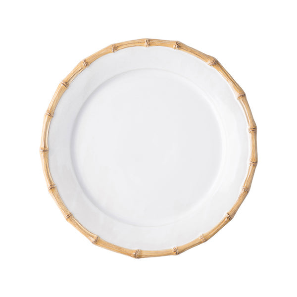 Classic white ceramic dessert and salad plate with a natural bamboo-style rim.