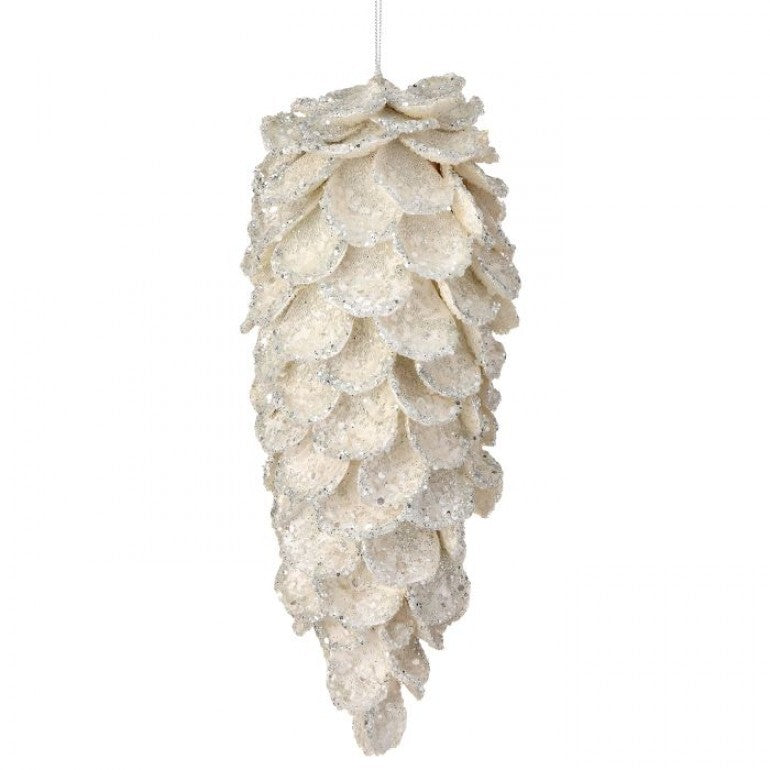 11.5-inch iced jewel pinecone ornament with a white, glittery, textured scale design.