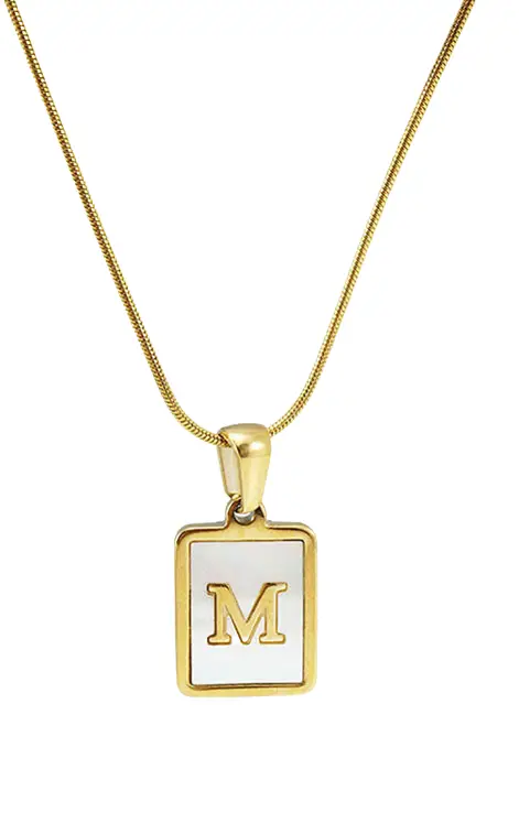 Gold snake chain necklace with a rectangular mother of pearl pendant featuring a gold letter M.
