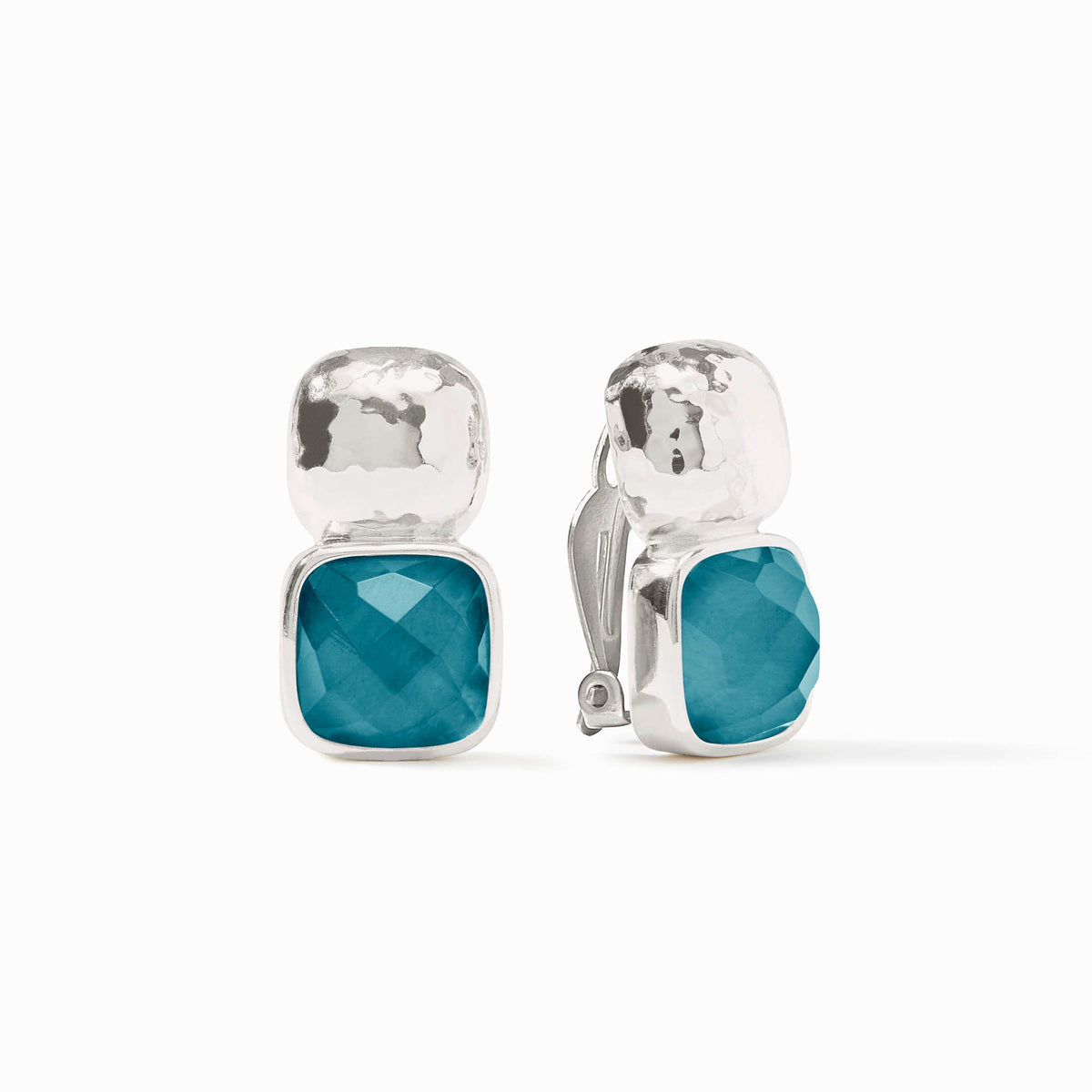 Catalina clip-on earring in iridescent Montana blue glass with pure silver plate finish.