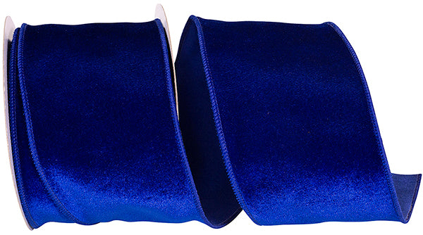 4-inch royal blue velvet plush wired edge ribbon with dupioni back on a spool.