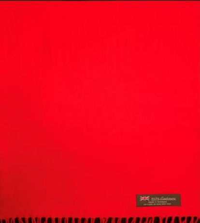 Red cashmere scarf with fringe and a small black label with Union Jack and "100% Cashmere" text.