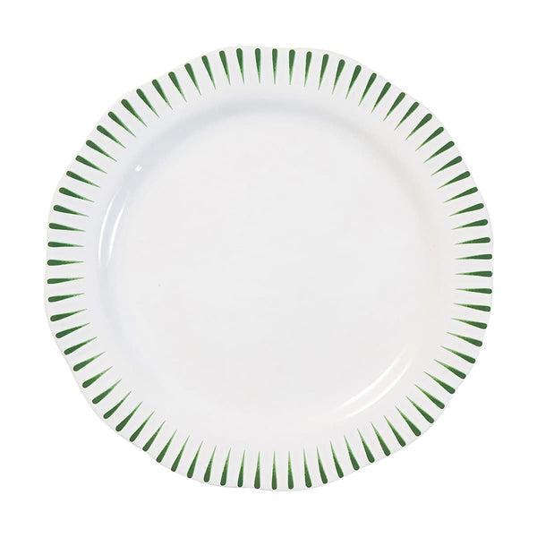 Sitio Stripe Dinner Plate in white ceramic with a green striped rim design.