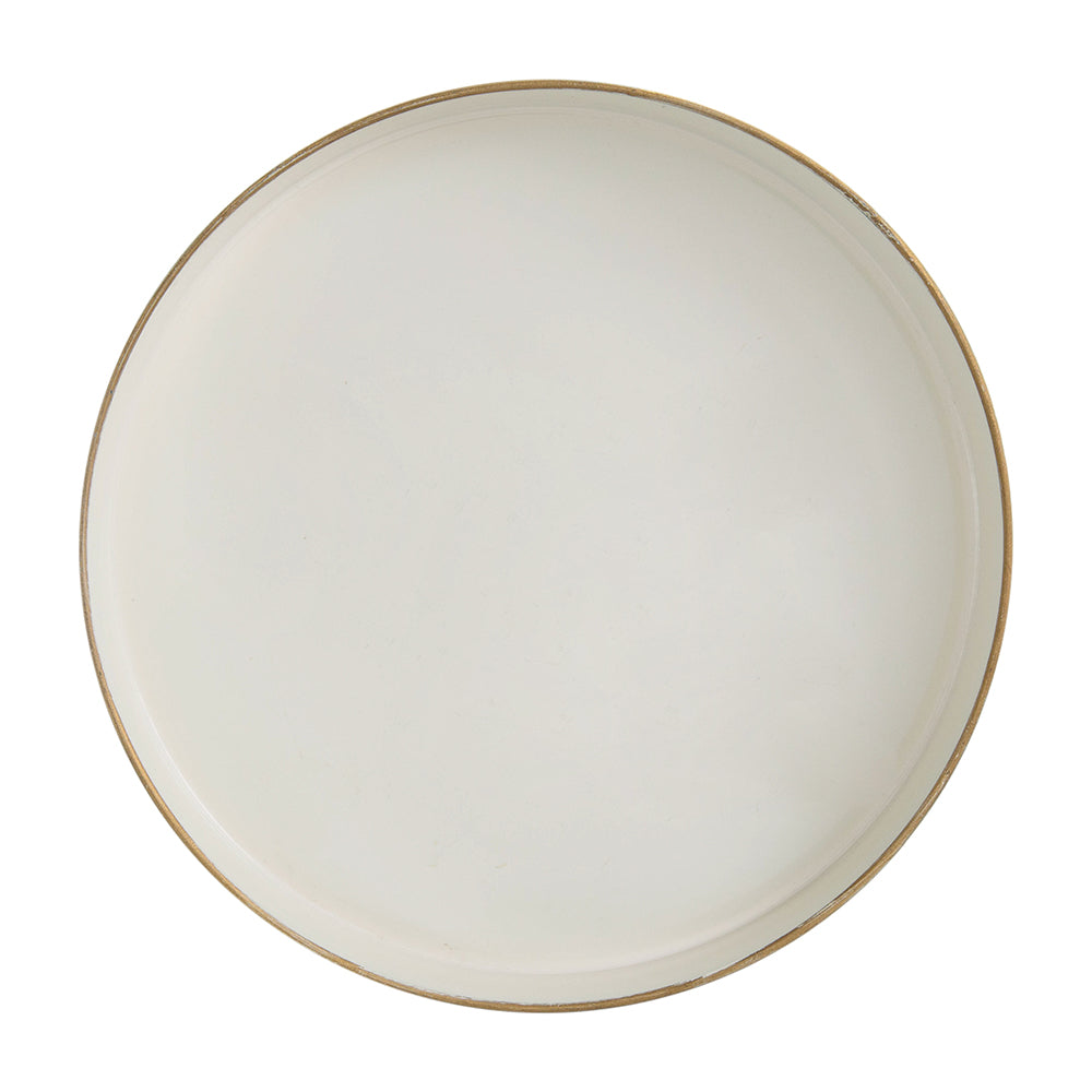 White round plastic serving tray with a smooth surface.