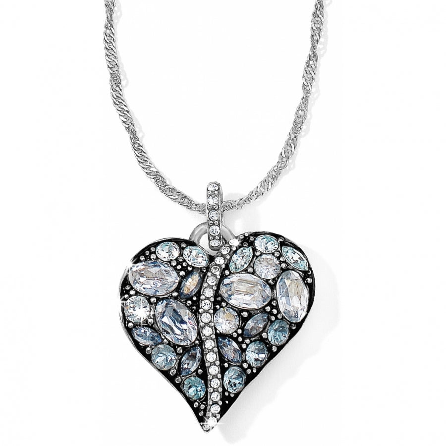 Silver-plated adjustable necklace with an aqua crystal heart pendant featuring a sky message.