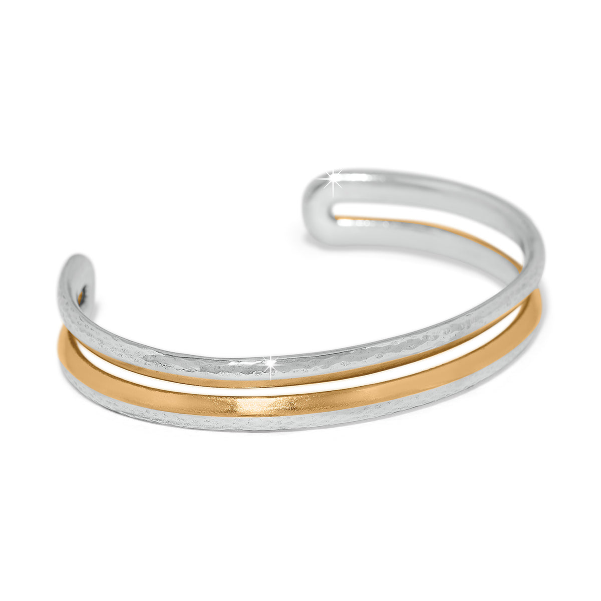 Two-tone Medici Flex Cuff Bracelet featuring hammered silver and smooth gold bands.