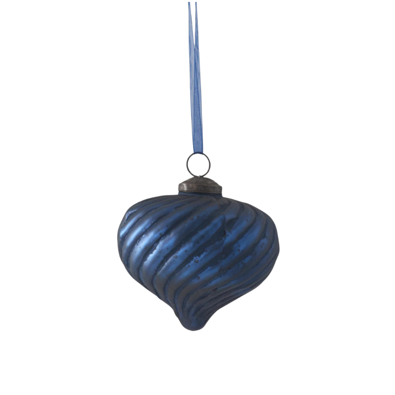 Frosted blue glass swirl ornament with a textured spiral design and a blue hanging ribbon.