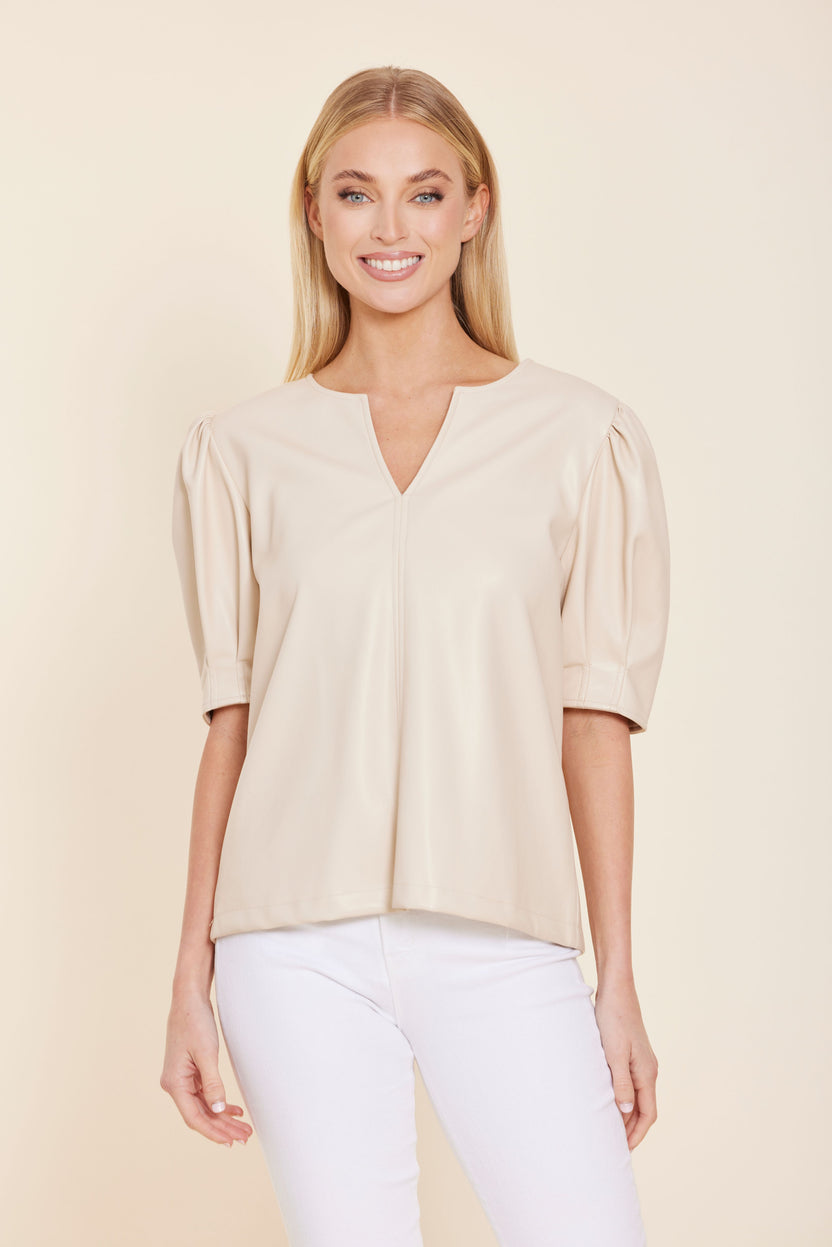 Isabel faux leather V-neck top in black with a fitted silhouette.