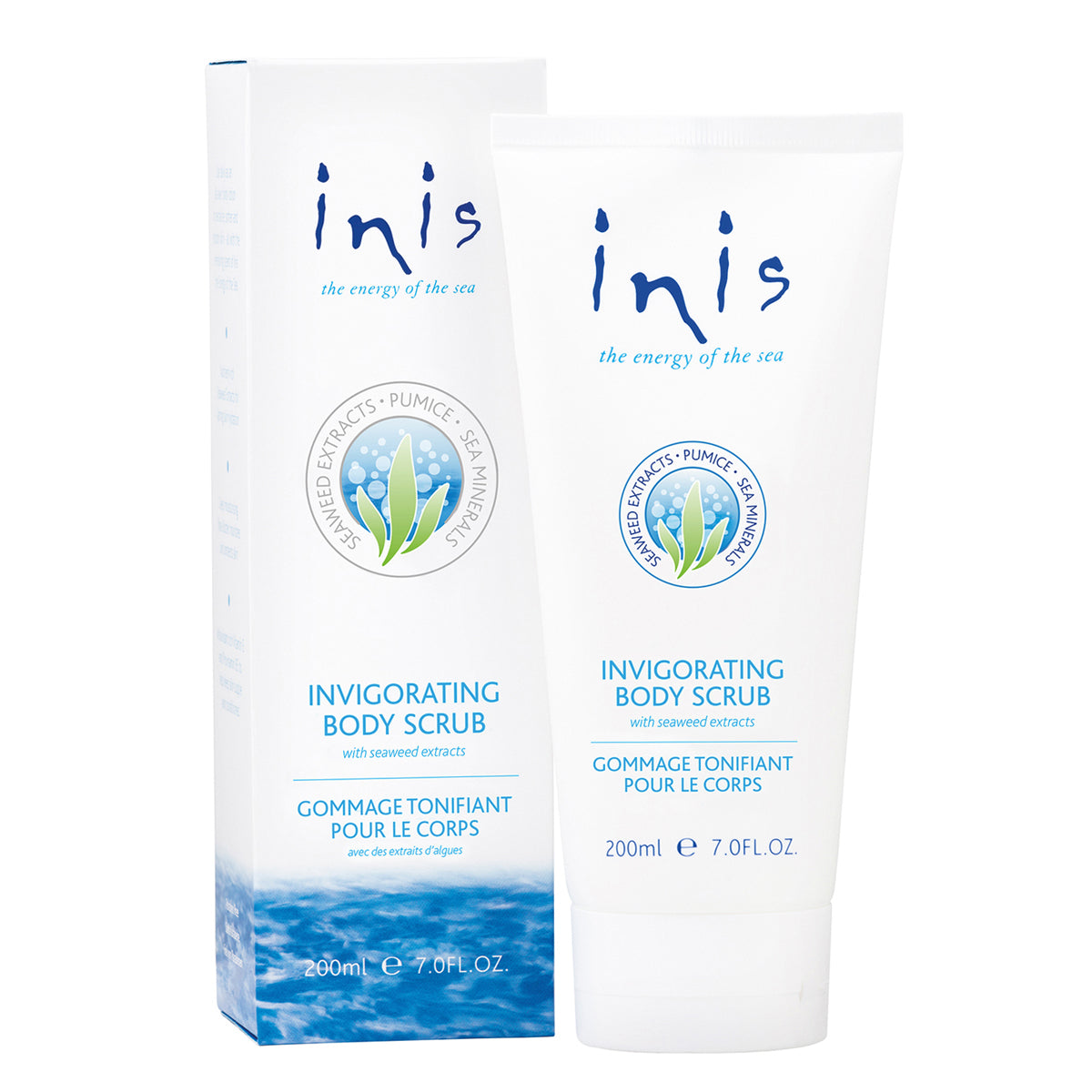 Inis Invigorating Body Scrub in a white tub with pink lid