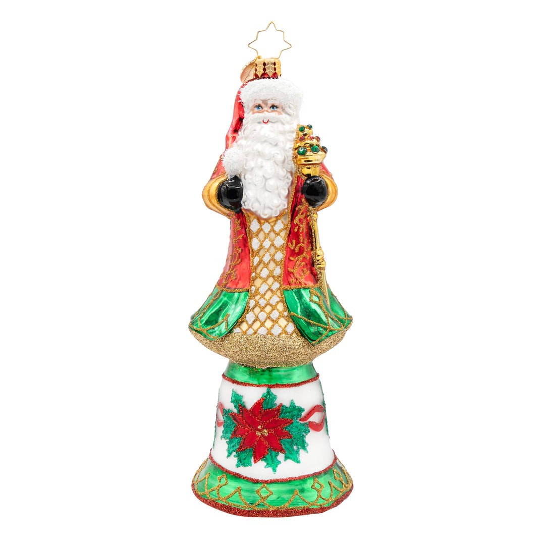 Regal Christmas Chime Santa ornament with a red and green coat on a poinsettia-decorated bell base.