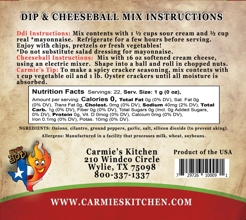 Back label for Texas Wildfire Dip with preparation instructions, nutrition facts, and ingredients.