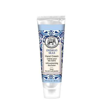 Michel Design Works Indigo Seas Hand Cream in a 1 fl. oz tube with blue and white tile patterns.