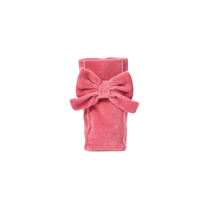 Pink cotton velvet standing eyeglass holder with a large velvet bow accent.