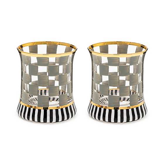 Hand-painted mouth-blown glass tumbler with gold lustre embellishment and cylindrical silhouette.