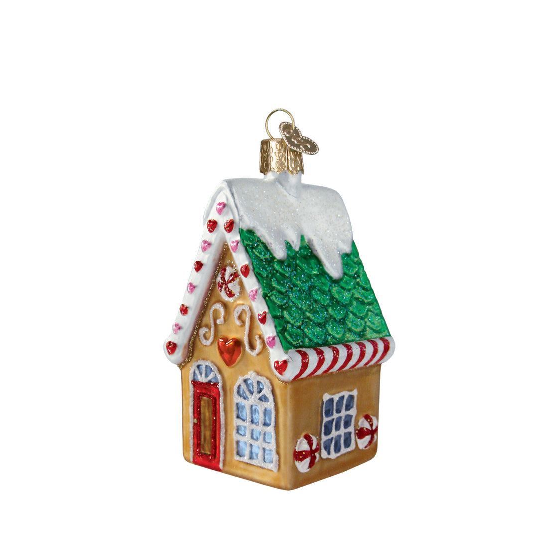 Glass gingerbread house ornament with a green glitter roof, snow, and candy decorations.