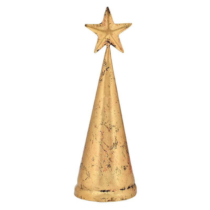 10-inch gold cone-shaped tree bell with a star topper and a distressed metallic finish.