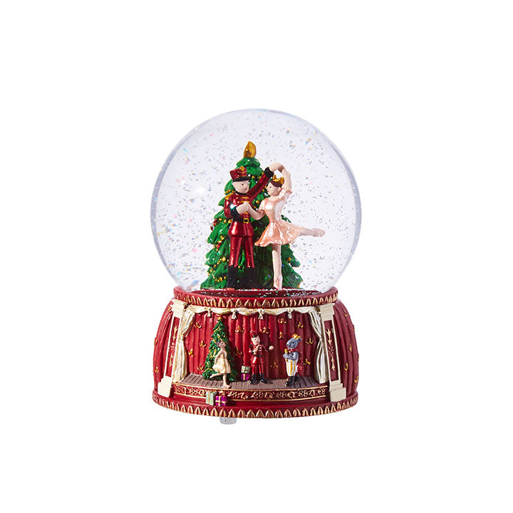 Wooden nutcracker globe with a classic soldier silhouette in red coat and black hat.