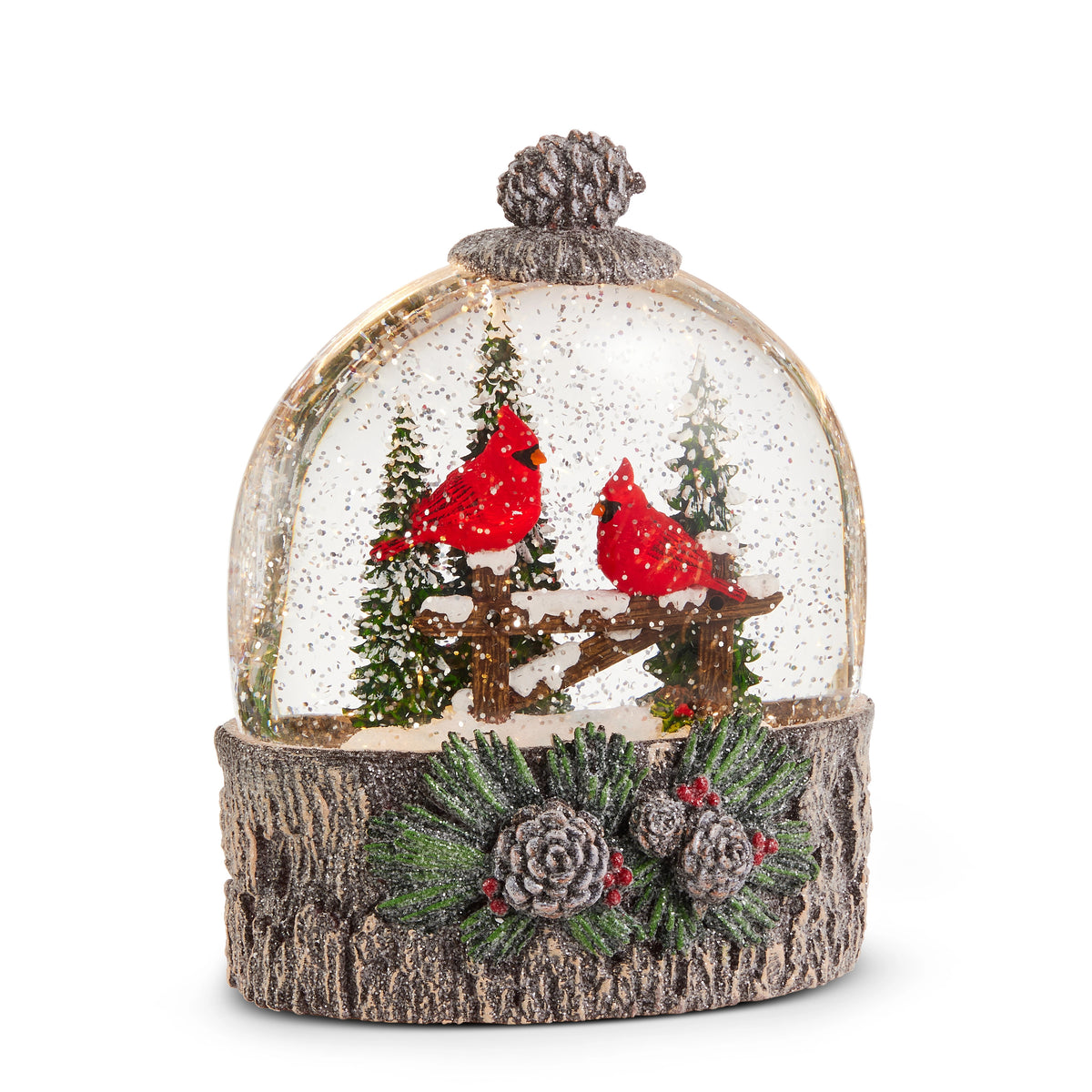 7.75-inch lighted water globe featuring two red cardinals on a fence with pine trees and log base.