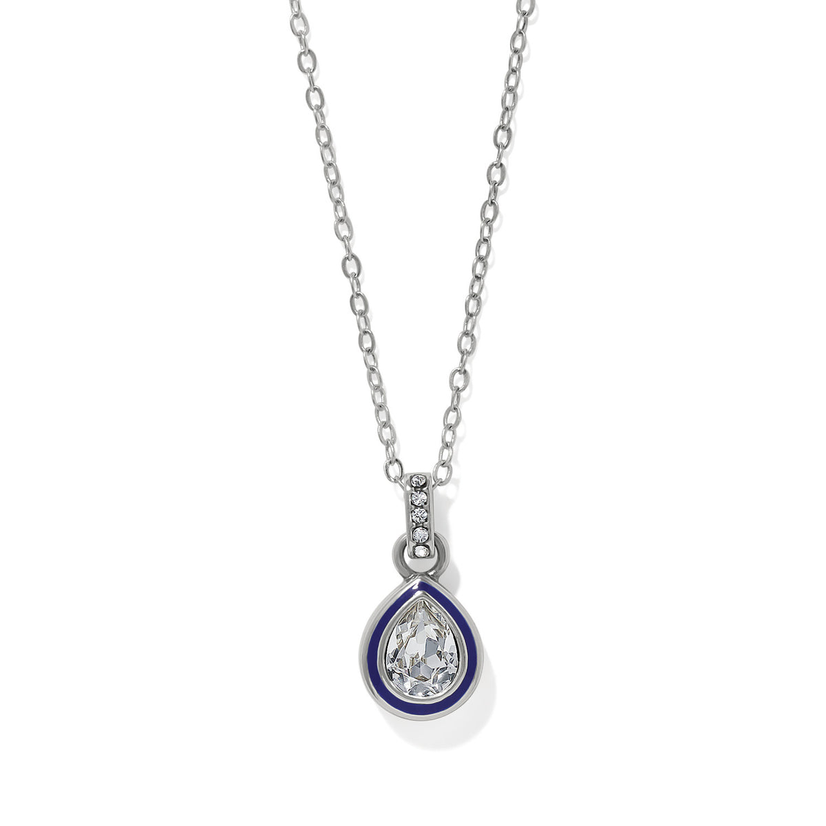 Silver-plated Halo Gemma Petite Teardrop Necklace with blue enamel and a clear crystal pendant.