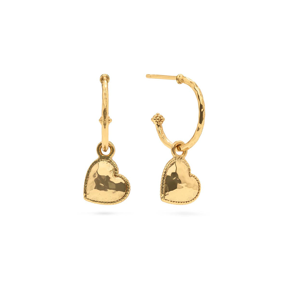 Gold hoop earrings featuring a heart charm pendant