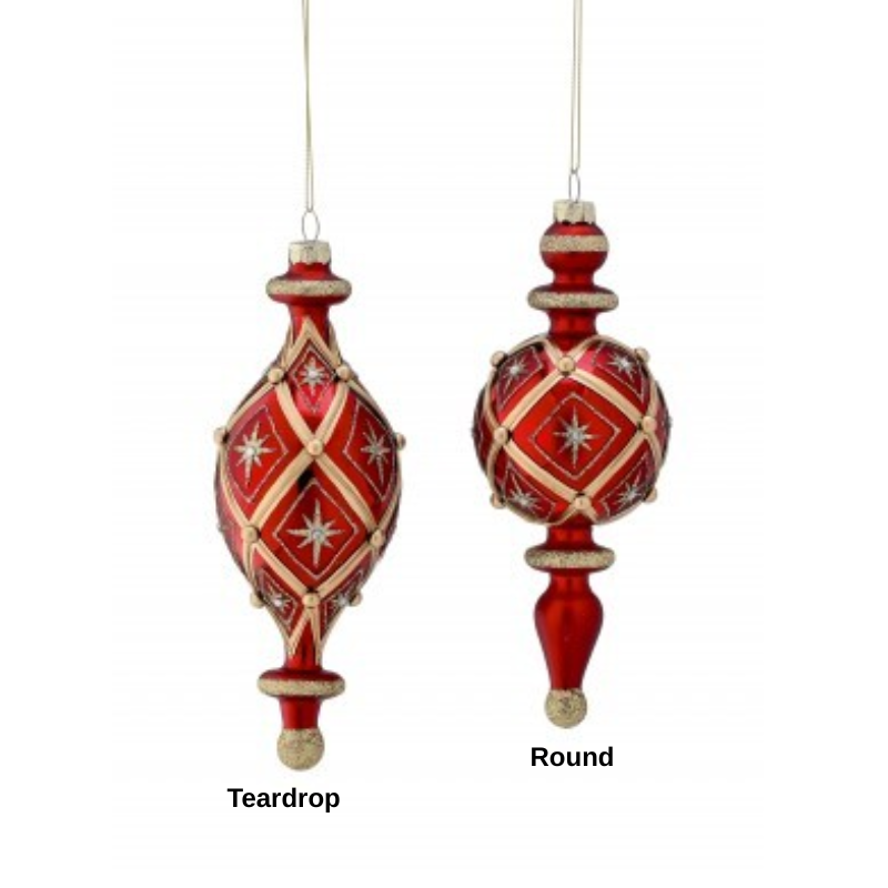 Red glass finial ornaments with gold glitter and jewel accents in teardrop and round shapes.