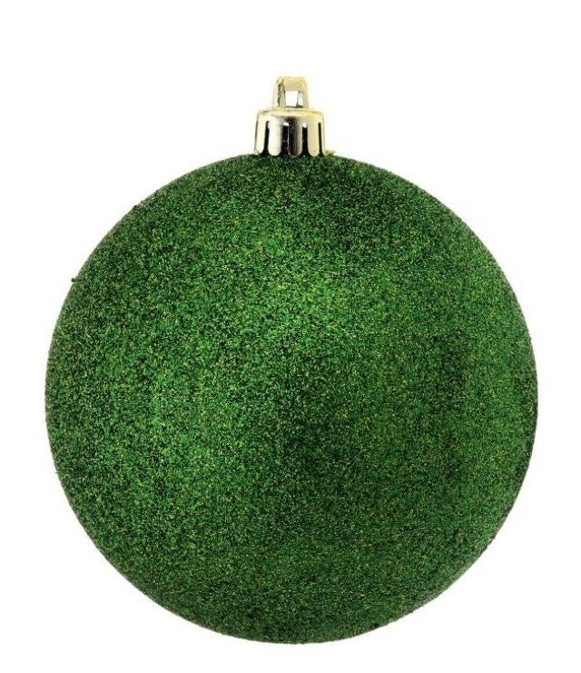 Green vacuum plate glitter ball ornament with a spherical shape.