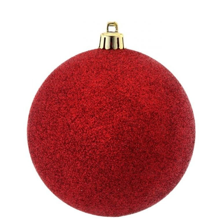 Red vacuum plate glitter ball ornament with a spherical shape.