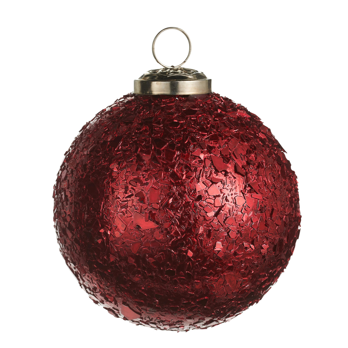Red chunky glittered glass ball ornament with a silver cap and hanging loop.