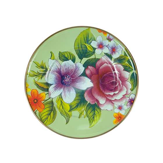 Green flower-patterned salad plate with bronzed stainless steel rim