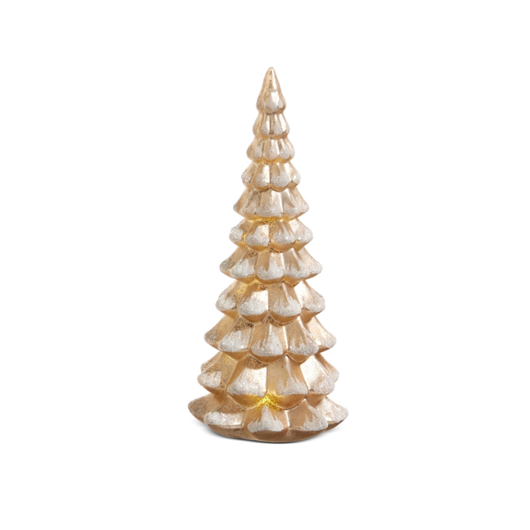 Lighted glass Christmas tree with an antiqued champagne finish and glitter accents.