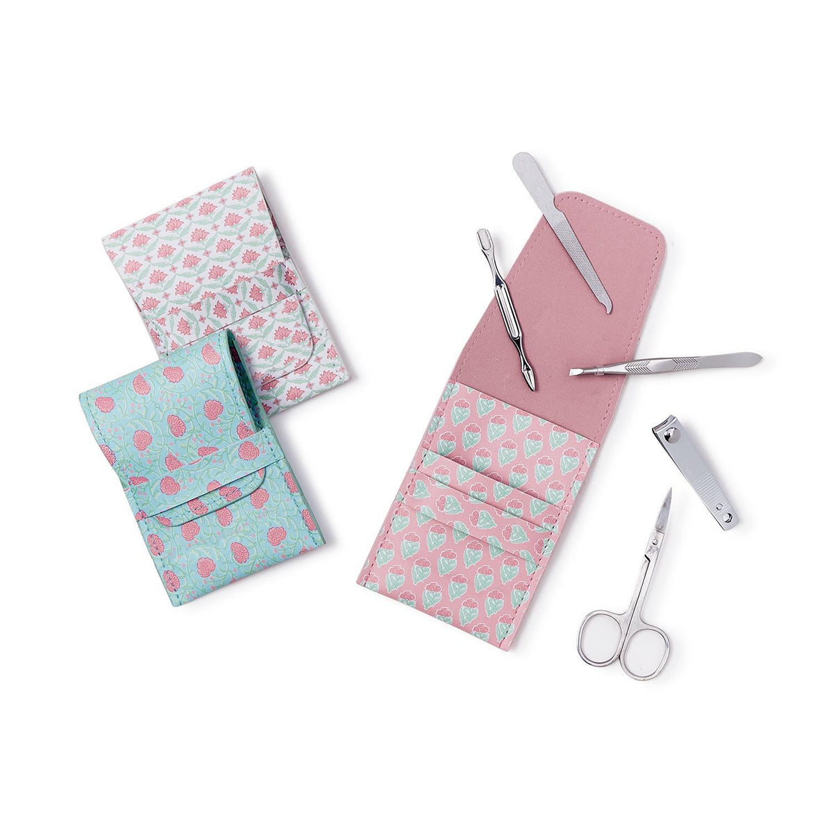 Floral block print manicure kit in vegan leather case with stainless steel tools