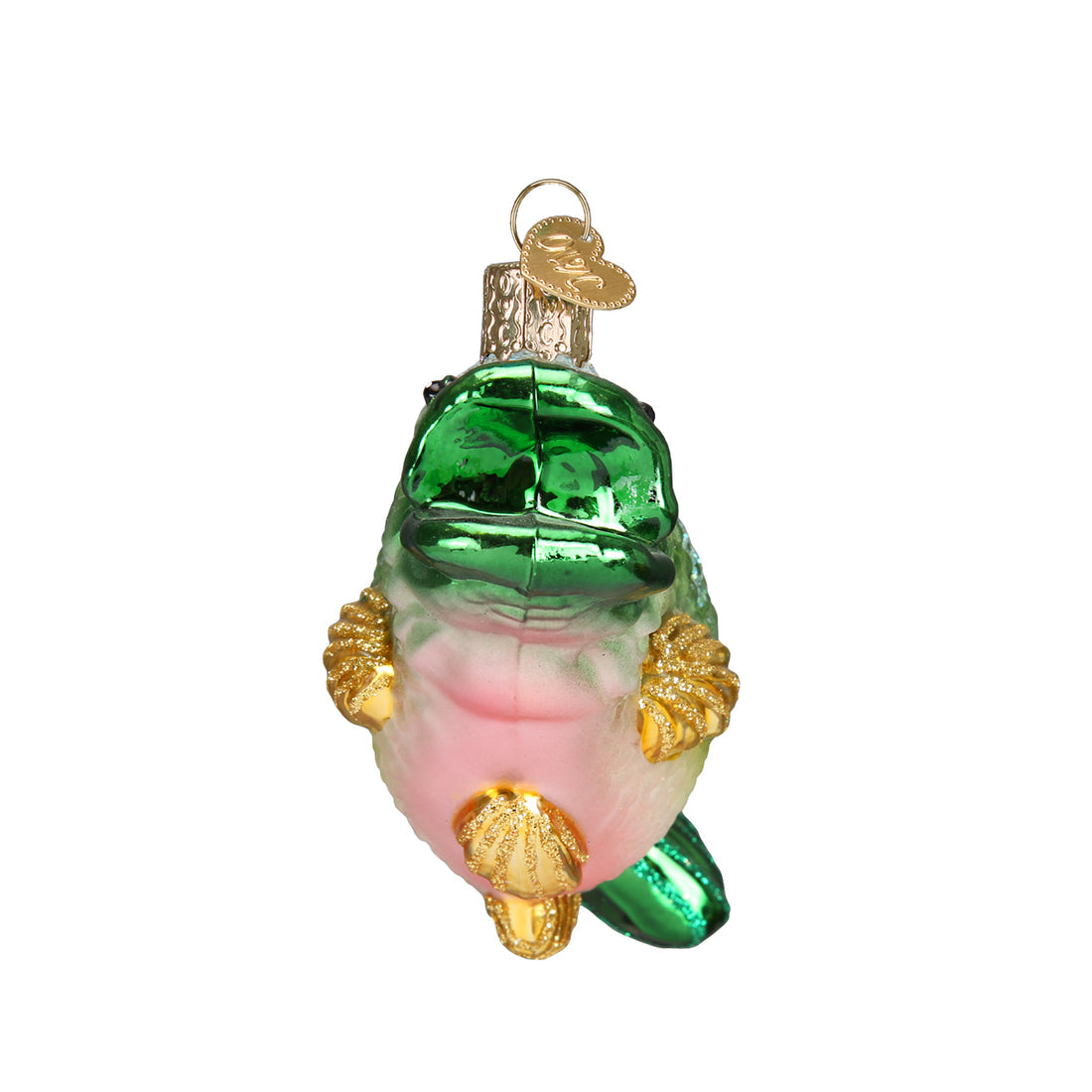 Glass largemouth bass Christmas ornament with green metallic head and pinkish-white body.
