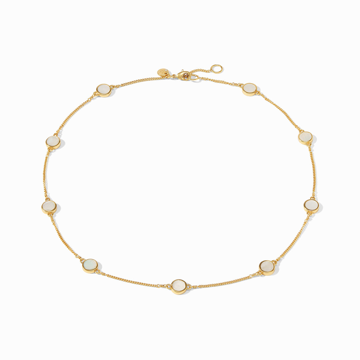 Gold-plated necklace with nine mother-of-pearl stations on a fine adjustable chain.
