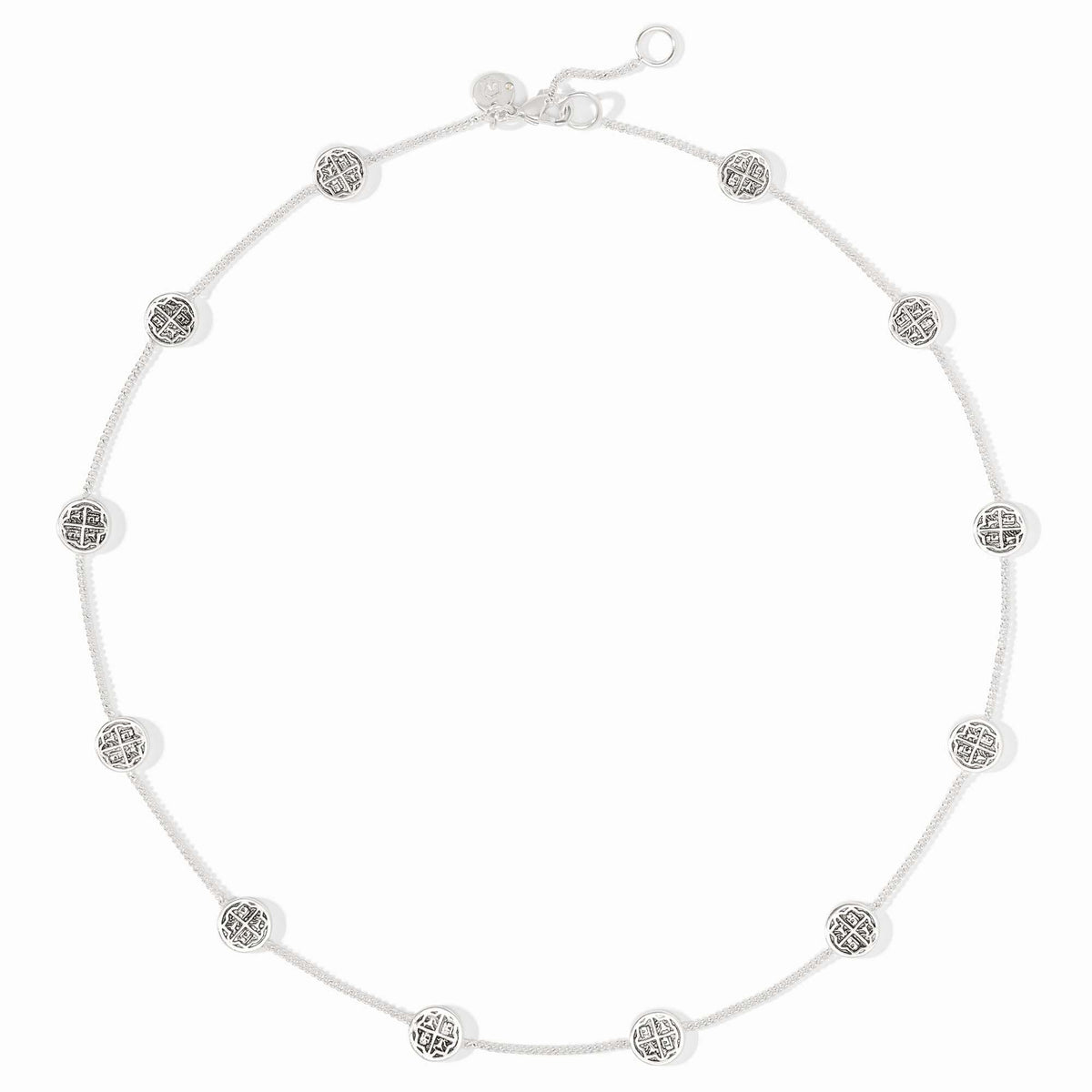 Silver necklace with nine delicate coin stations on an adjustable chain