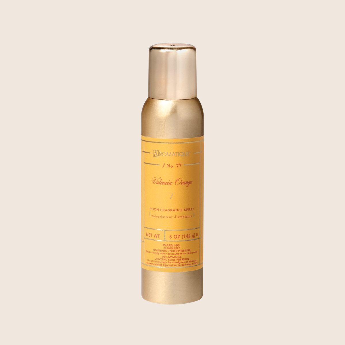 Valencia Orange aerosol room spray can with white label showing citrus peel, red berries, sweet orange, apple, and pineapple notes.