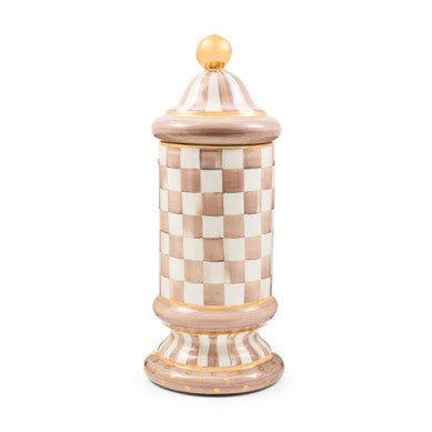 Handmade mocha ceramic column canister with gold lustre embellishments.